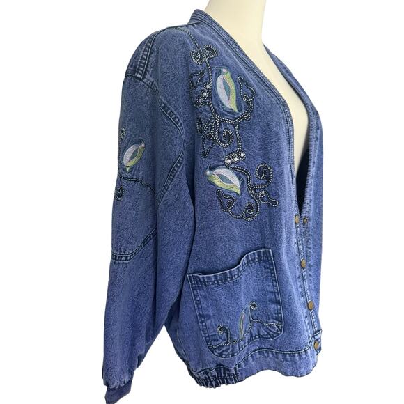 Vintage Embroidered Denim Jean Jacket Boho Chic Whimsical Artisnal Streetwear - Picture 8 of 15